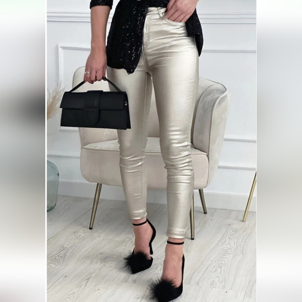 NIP Modiva Skinny Disco Shimmer Satin Like Metallic Silver Pants 3 - 13 …